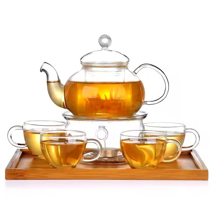 eco-friendly tea products Borosilicate glass teapot set with warmer and serving tray